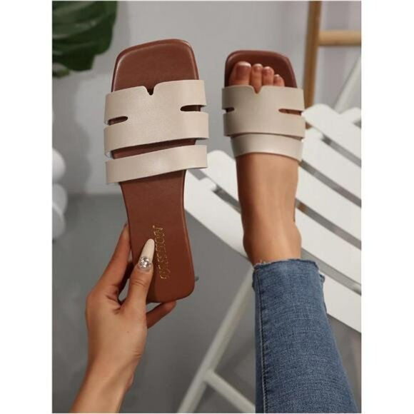 Cut Out Leather Slide Sandals Women Open Toe Flat Summer Dressy Slip On - Picture 3 of 6